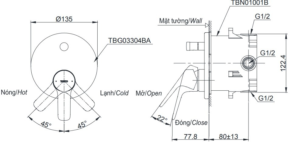 Bản vẽ van điều chỉnh nóng lạnh TOTO TBG03304BA TBN01001B