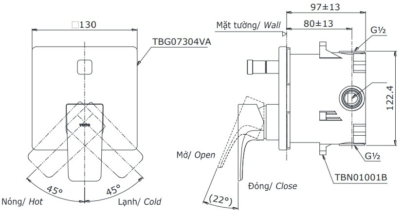 Bản vẽ van điều chỉnh TOTO TBG07304V TBN01001B