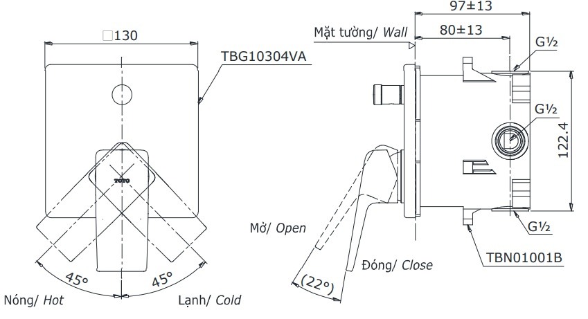 Bản vẽ van điều chỉnh nóng lạnh TOTO TBG10304VA TBN01001B