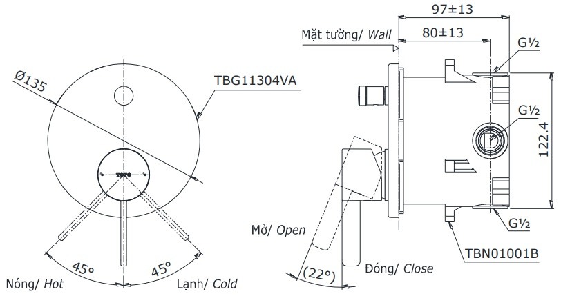 Bản vẽ van điều chỉnh nóng lạnh TOTO TBG 11304V