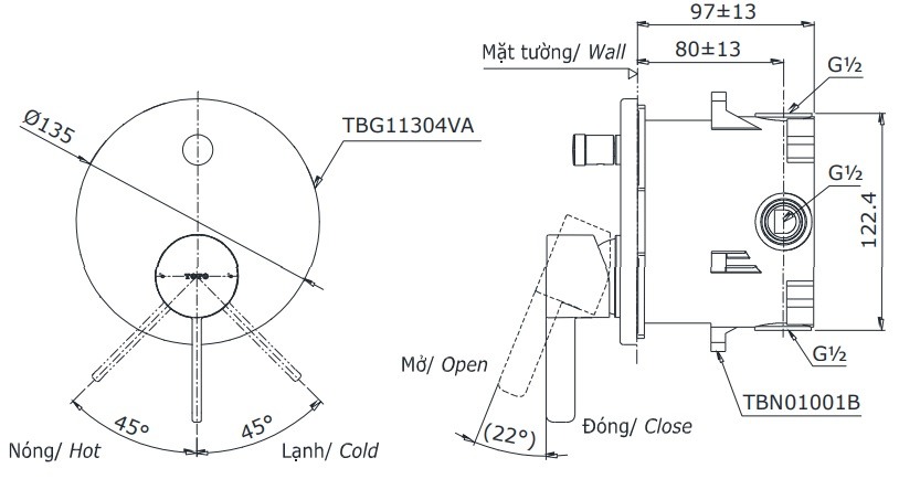 Tính năng van điều chỉnh nóng lạnh TOTO TBG11304VA TBN01001B