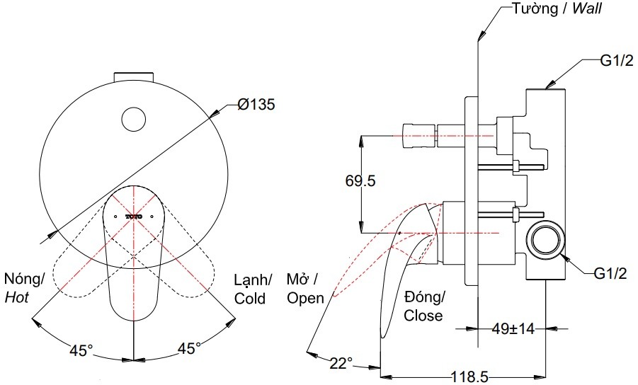 Bản vẽ van TOTO TBS03304B nóng lạnh kèm nút chuyển hướng