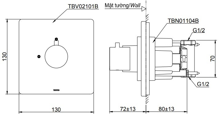 Bản vẽ van dừng âm tường TOTO TBV02101B TBN01104B