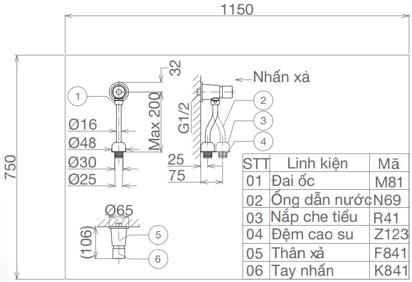 Bản vẽ kỹ thuật van xả tiểu Viglacera VG 841.1