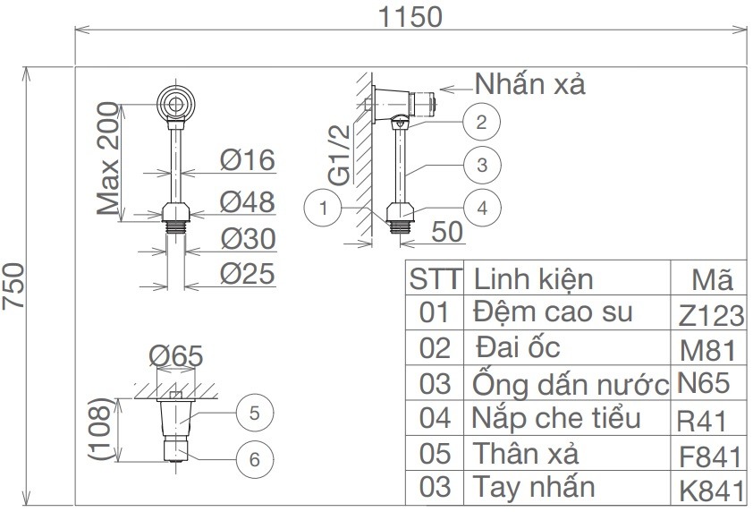 Bản vẽ kỹ thuật van xả tiểu Viglacera VG 841