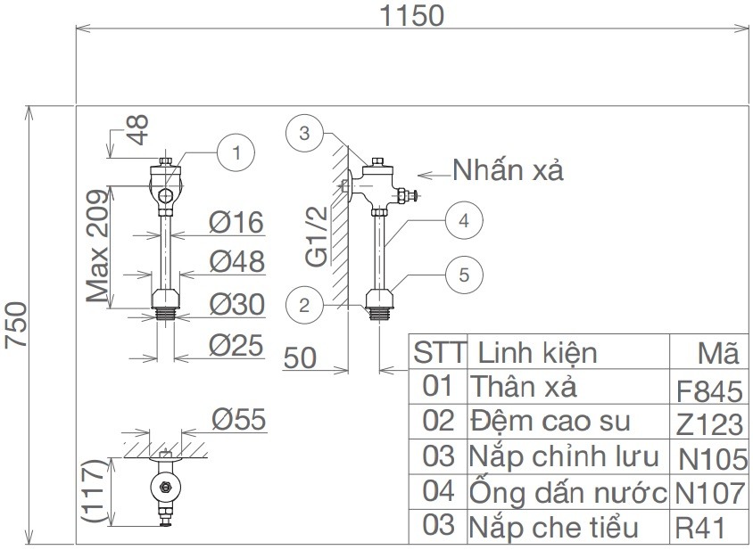 Bản vẽ kỹ thuật van xả tiểu nam Viglacera VG 845