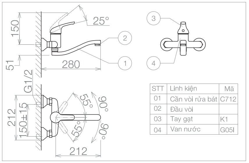 Bản vẽ kỹ thuật vòi rửa chén VG 701