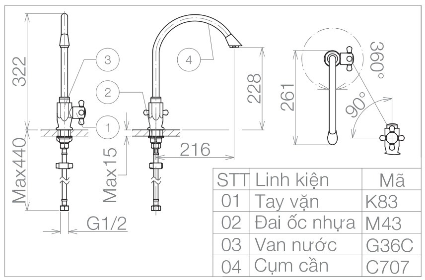 Bản vẽ kỹ thuật vòi bếp Viglacera VG 707 lạnh