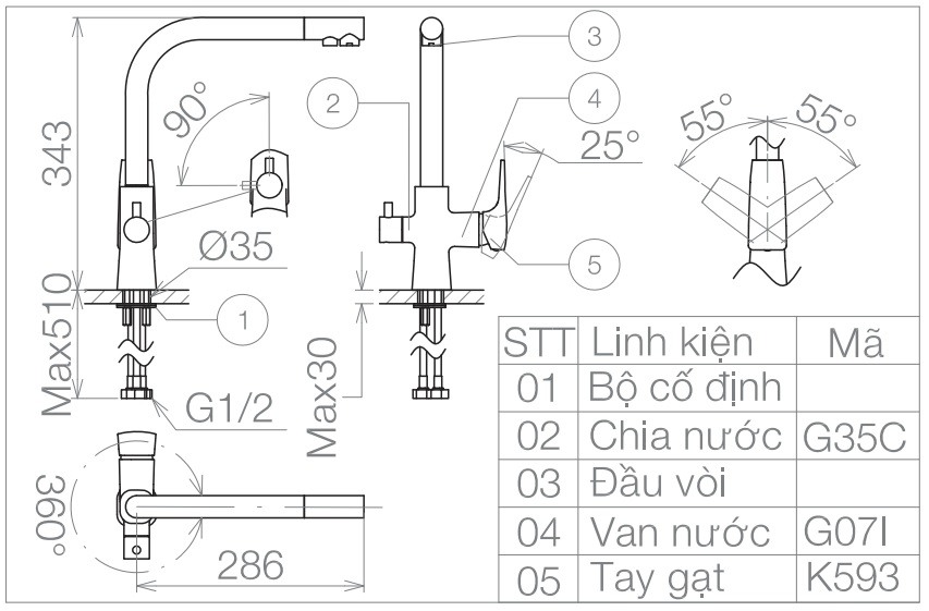 Bản vẽ kỹ thuật vòi rửa chén VG 713