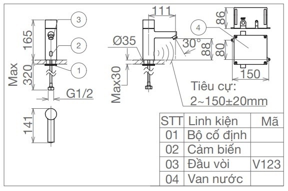 Bản vẽ vòi lavabo Viglacera VG1023 dùng pin