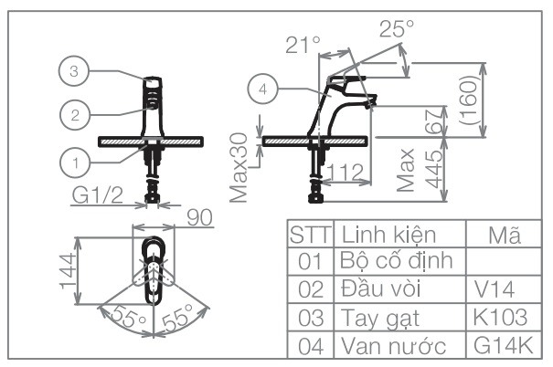 Bản vẽ kỹ thuật vòi lavabo Viglacera VG103