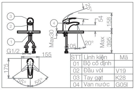 Bản vẽ kỹ thuật vòi lavabo Viglacera VG 104