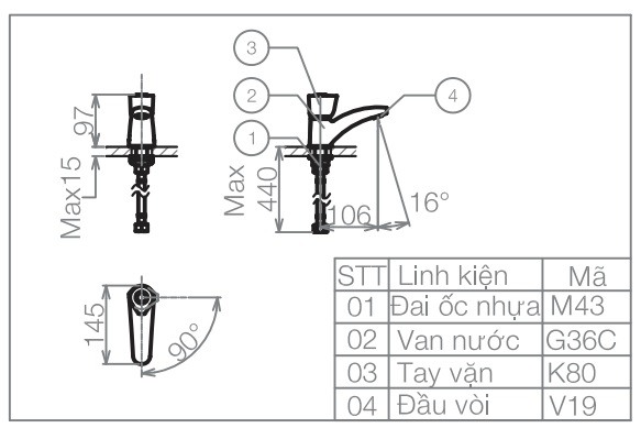 Bản vẽ kỹ thuật vòi lạnh lavabo VG 106