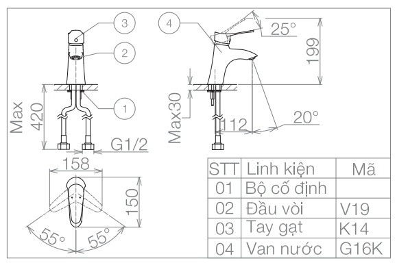 Bản vẽ kỹ thuật vòi lavabo Viglacera VG 114