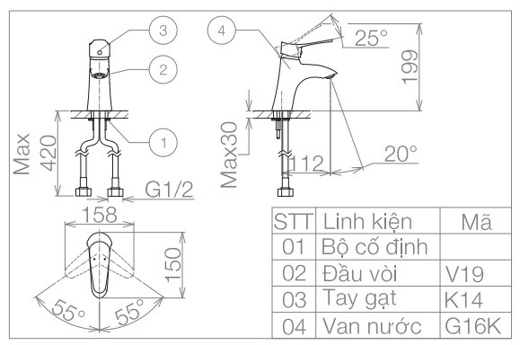 Bản vẽ kỹ thuật vòi lavabo Viglacera VG 114