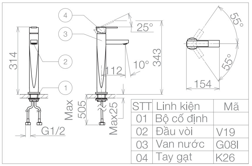 Bản vẽ kỹ thuật vòi lavabo thân cao VG126