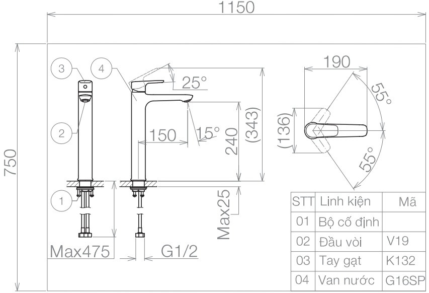 Bản vẽ kích thước vòi Viglacera lavabo VG 132.1 thân cao