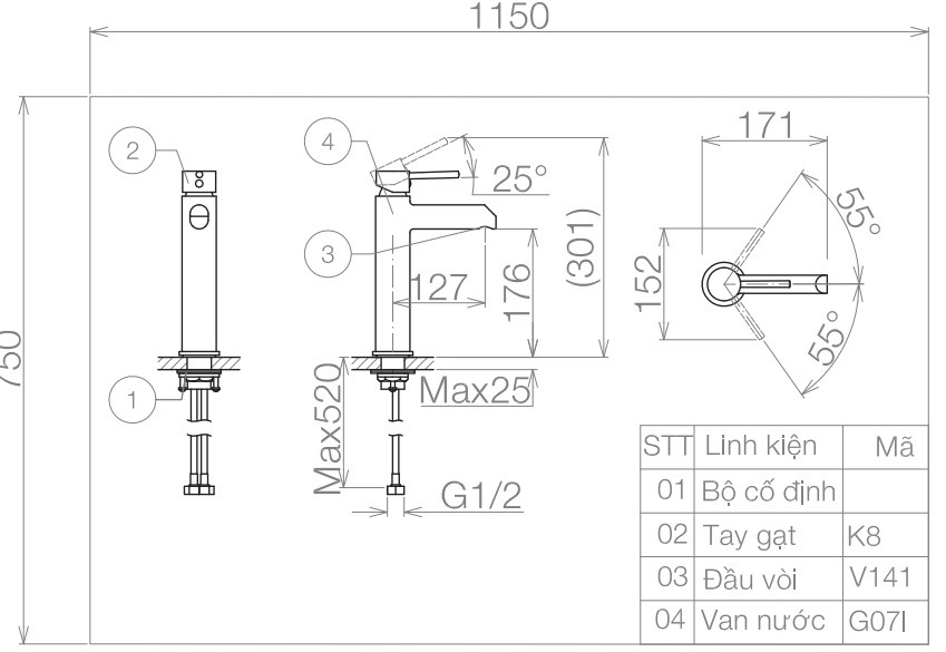 Bản vẽ kỹ thuật vòi lavabo Viglacera VG141.1