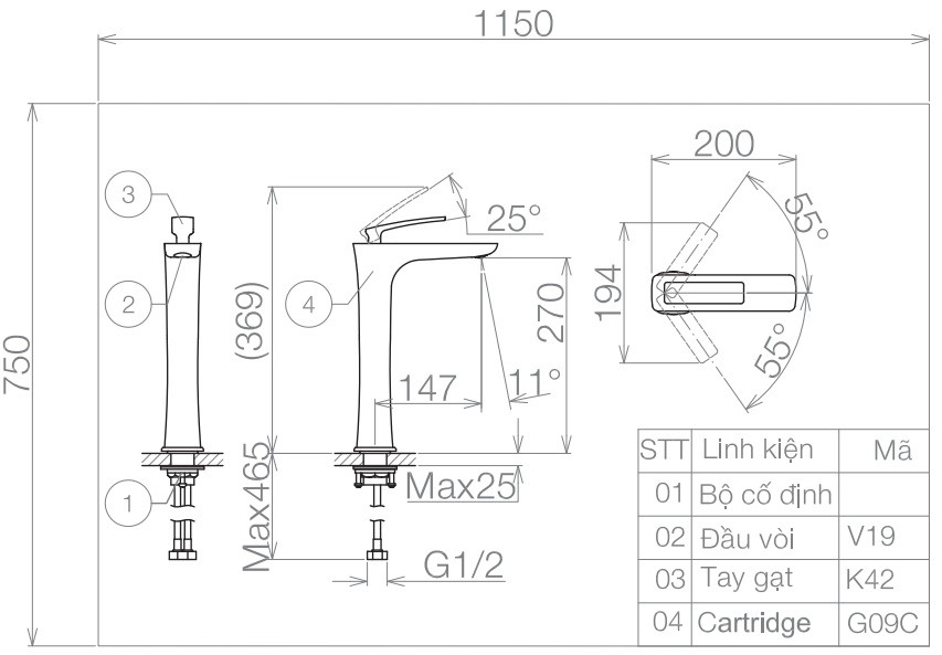 Bản vẽ kỹ thuật vòi lavabo Viglacera VG 143.1