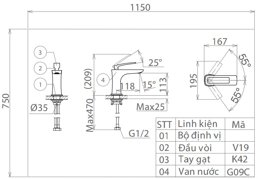 Bản vẽ kỹ thuật vòi Viglacera lavabo VG142
