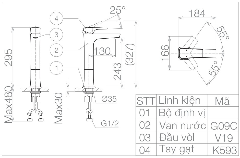 Bản vẽ kỹ thuật vòi lavabo VG 143.1 thân cao