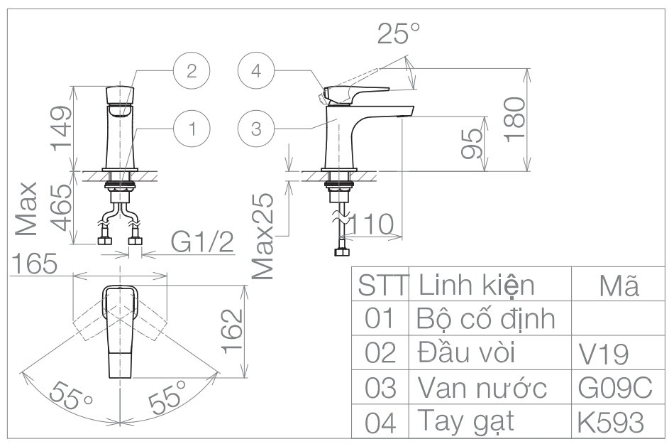 Bản vẽ kỹ thuật vòi Viglacera lavabo VG 143