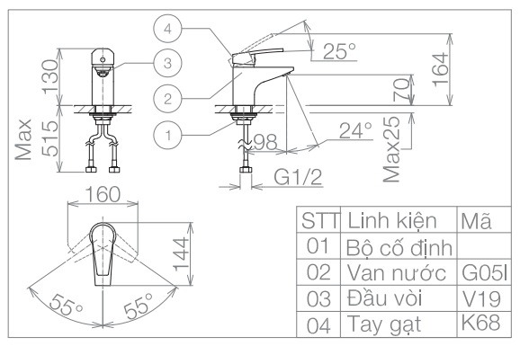 Bản vẽ kỹ thuật vòi lavabo Viglacera VG168