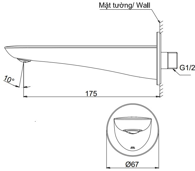 Bản vẽ vòi xả bồn TOTO gắn tường TBG 01001B