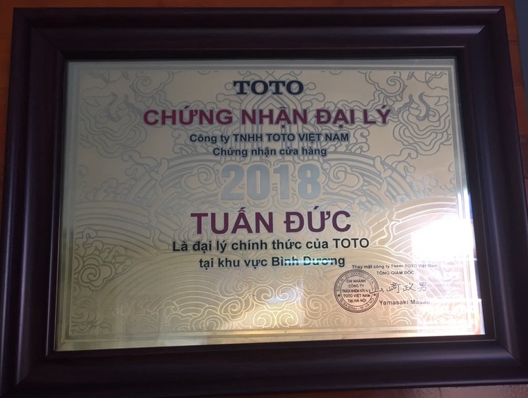 Chứng nhận đại lý TOTO Tuấn Đức là đại lý chính thức