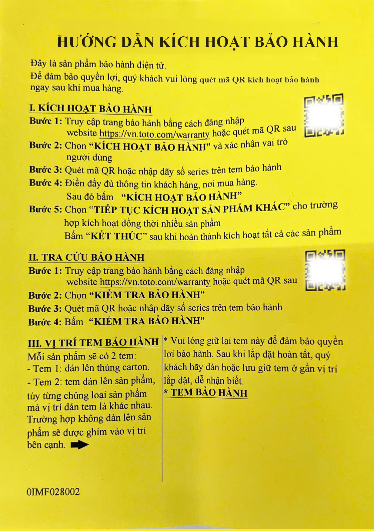 Phiếu bảo hành chính hãng TOTO