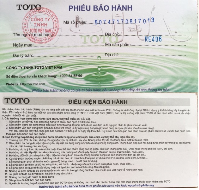 Tất cả sản phẩm TOTO đều có phiếu bảo hành như trên