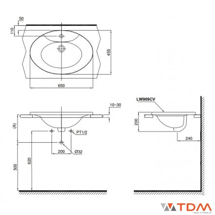 Hình minh họa bản vẽ kỹ thuật: Lavabo âm bàn dương vành của hãng TOTO