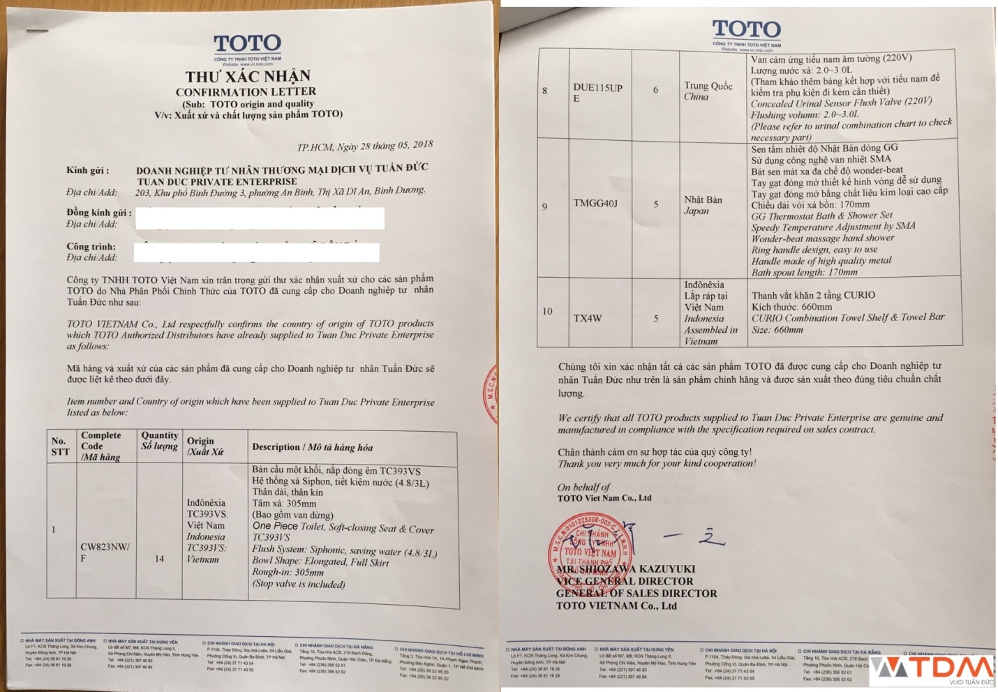 Văn bản chứng nhận xuất xứ của hãng TOTO khi khách hàng có nhu cầu