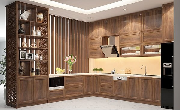 Tủ bếp L đẹp bằng gỗ tự nhiên