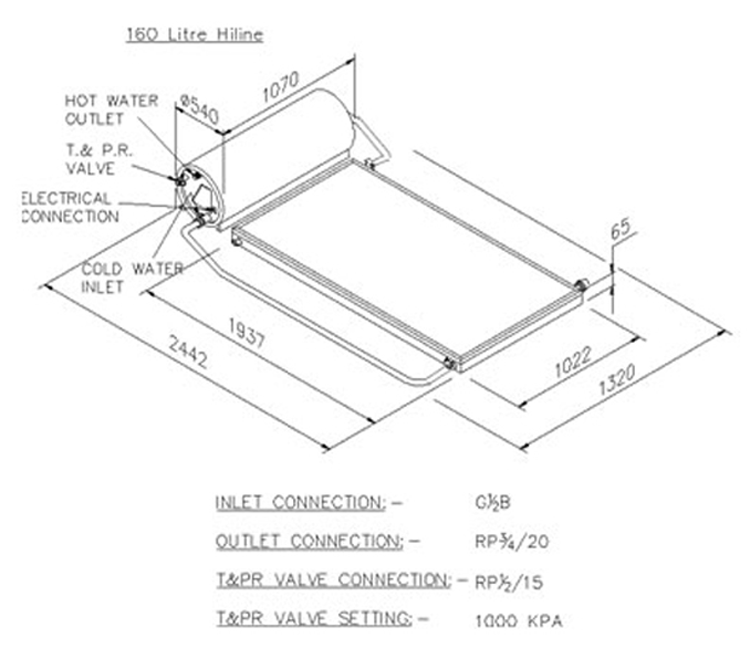 Bảng vẽ Máy nước nóng năng lượng mặt trời Rheem 52S 160L - Hệ Hiline