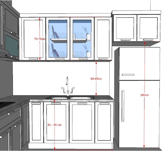 Sự cân đối giữa kích thước tủ bếp trên - tủ bếp dưới và hài hòa với tổng thể không gian ngôi nhà
