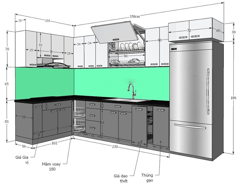 Kích thước tủ bếp chữ l phù hợp sẽ đem đến sự tiện lợi cho gia chủ