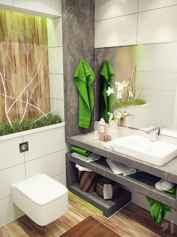 Nhà vệ sinh nhỏ đẹp, sang trọng với bồn cầu treo tường và nội thất phòng tắm gọn gàng