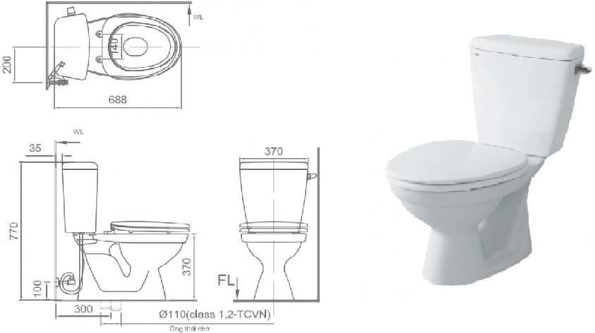 Kích thước bồn cầu 2 khối Inax