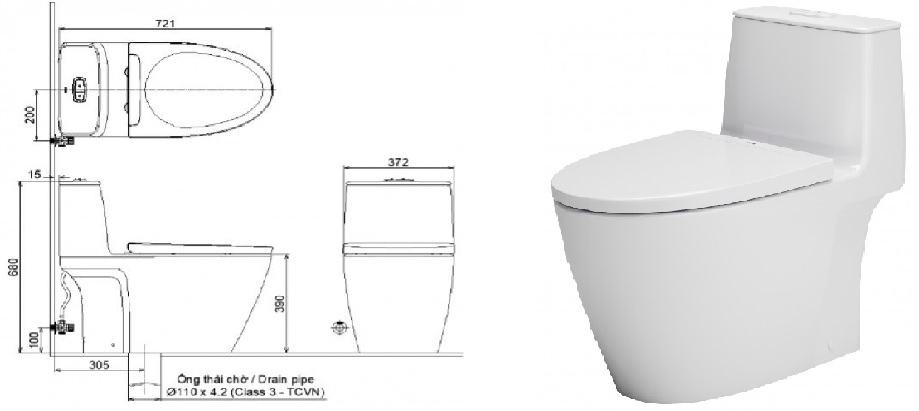 Kích thước bệt liền khối Inax