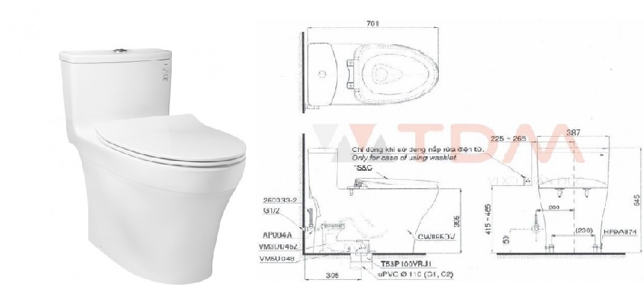 kích thước bồn cầu 1 khối Toto