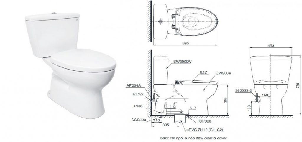 Kích thước bồn cầu 2 khối Toto