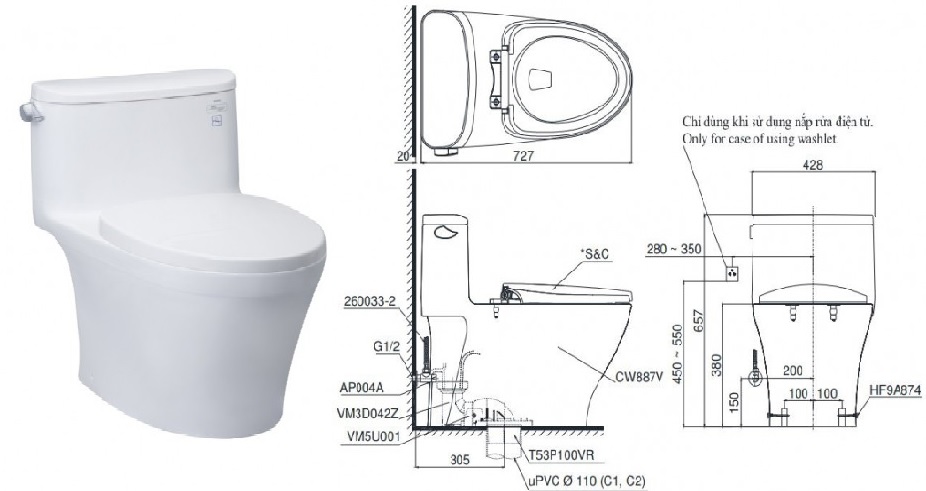 Kích thước bàn cầu liền khối Toto MS887DT3