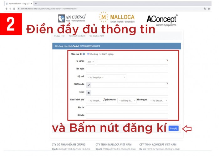 Điền đầy đủ thông tin và bấm nút đăng ký