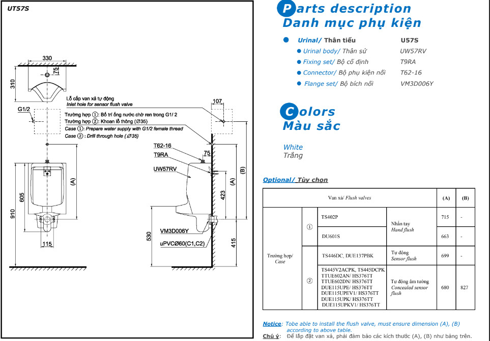 Gợi ý kết hợp bồn tiểu UT57S với van xả