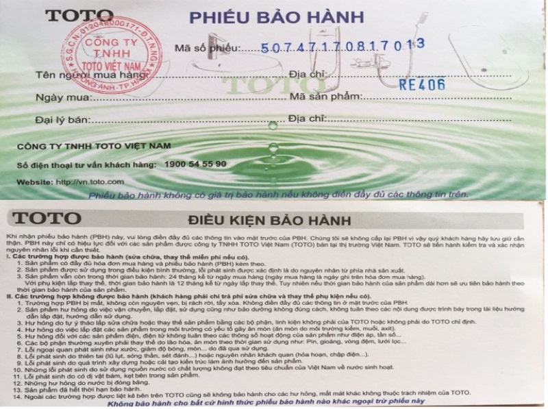 Phiếu bảo hành TOTO thật