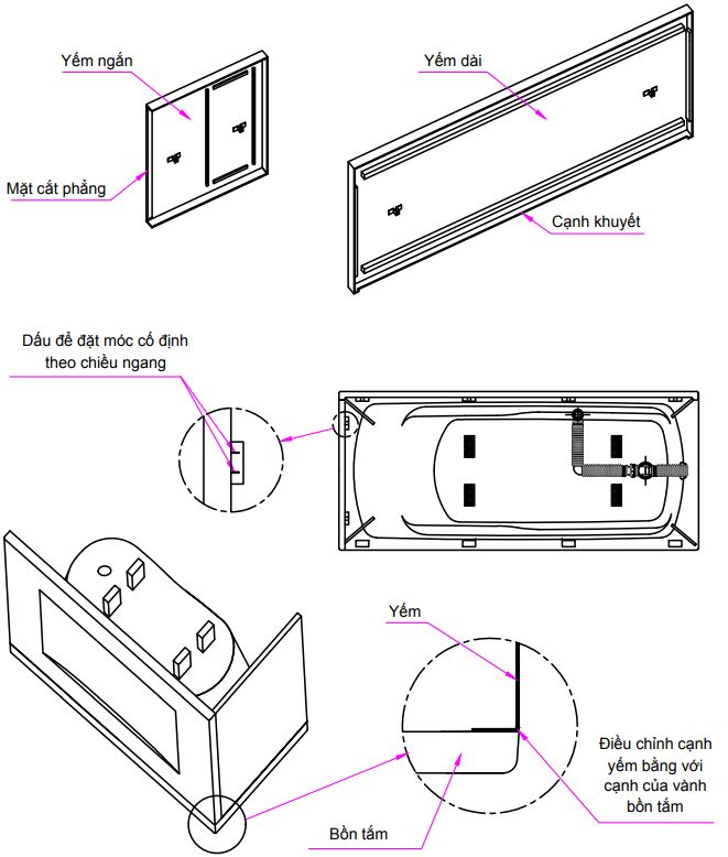 Đánh dấu và lắp ráp các móc cố định vào cạnh dài và cạnh gắn của bồn tắm. 