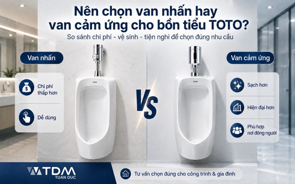 Nên chọn van nhấn hay van cảm ứng cho bồn tiểu nam TOTO? Giải pháp tối ưu từ TDM
