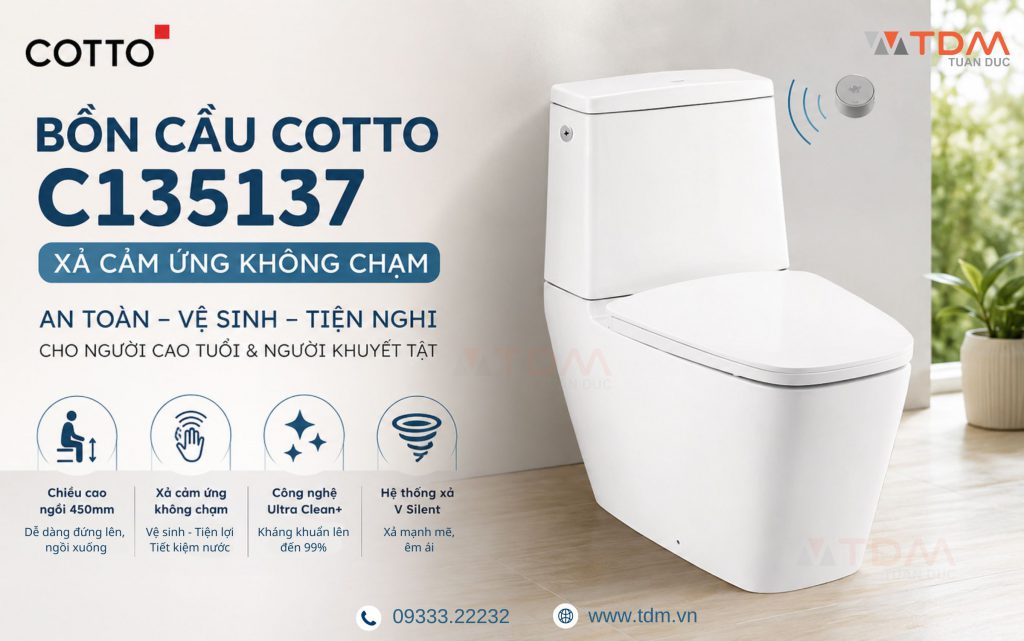 Bồn cầu 2 khối cảm ứng không chạm COTTO C135137 phù hợp với người già hay người khuyết tật