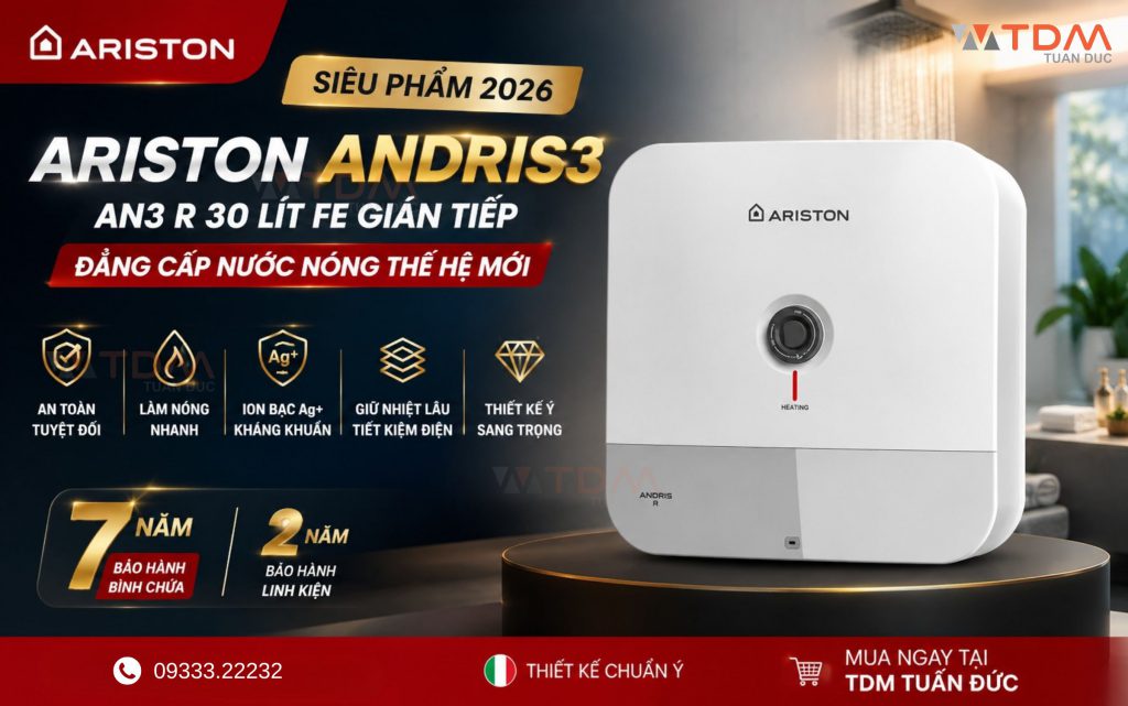 Máy nước nóng gián tiếp Ariston Andris3 An3 R 30 Lít mới ra mắt 2026 tại TDM